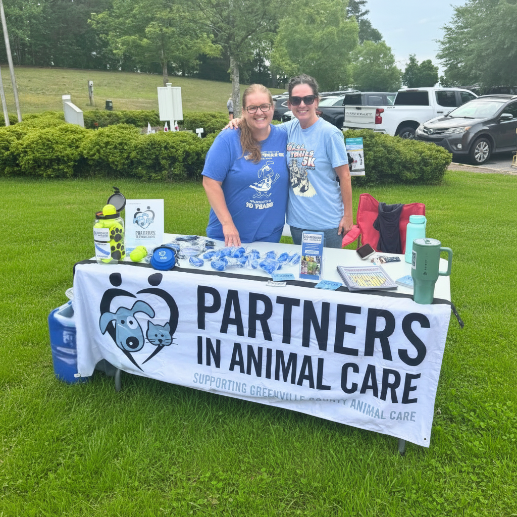 Two people standing behind a table with 'Partners in Animal Care' banner outdoors.